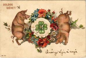 1906 Boldog Újévet! Dombornyomott üdvözlet malacokkal / New Year embossed litho greeting with pigs. Ser. 210. (EK)