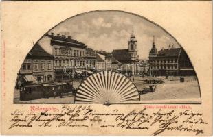 1900 Kolozsvár, Cluj; Fő tér észak-keleti oldala, városi vasút, kisvasút, Biasini Sándor, Medgyesy és Nyegrutz, Kiss Ernő és Gergely Ferenc üzlete, Európa kávéház. Szecessziós montázs legyezővel, Kováts P. fiai kiadása / main square, urban railway, train, shops, cafe. Montage with hand fan