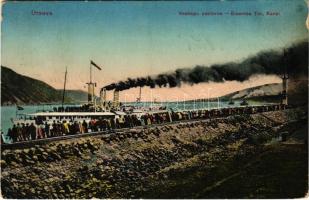 1912 Orsova, Vaskapu csatorna, gőzhajó / Eisernes Tor, Kanal / canal, steamship + "ORSOVA - BUDAPEST 76. SZ. A" vasúti mozgóposta bélyegző (kopott sarkak / worn corners)