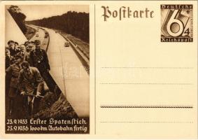 1933 Erster Spatenstich - 1936 1000 km Autobahn fertig / 1933 First Groundbreaking - 1936 1000 km highway completed. Adolf Hitler, NSDAP German Nazi Party propaganda. 6+4 Ga. (EK)