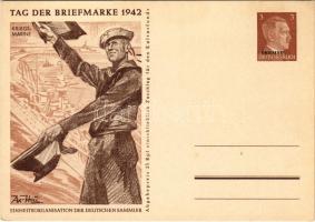 1942 Tag der Briefmarke. Kriegsmarine. Einheitsorganisation der Deutschen Sammler / WWII Day of the German Stamp, NSDAP German Nazi Party propaganda, German Navy mariner, Adolf Hitler, swastika; 3 Ga. s: Axster-Heudtlass