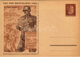 1942 Tag der Briefmarke. Deutsche Feldpost. Einheitsorganisation der Deutschen Sammler / WWII Day of the German Stamp, NSDAP German Nazi Party propaganda, German Field Post, Adolf Hitler, swastika; 3 Ga. s: Axster-Heudtlass