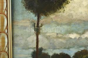 Molnár J jelzéssel: Felhős táj. Olaj, rétegelt falemez. Dekoratív, sérült fakeretben, 59x49 cm