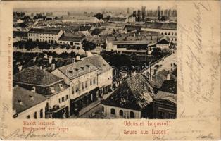 1901 Lugos, Lugoj; látkép, Grünberger Ede üzlete. Auspitz Adolf kiadása / general view, shops (EB)