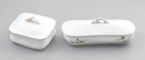 cca 1890-1900 Antik fogkefe- és szappantartó, domború mintával díszített porcelán, jelzés nélkül, 22x8 cm, 13x11 cm