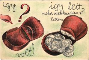 Szatmárnémeti, Szatmár, Satu Mare; Így volt és így lett mikor diákkaptáros lettem. Ezzel a levelezőlappal Papp Tibor szatmárnémeti kaptáros diák díjat nyert a Horthy István Diákkaptár Szövetség levelezőlap pályázatán / Hungarian Youth Association propaganda art postcard s: Papp Tibor (EK)