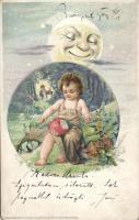 Child with fairy wings, moon, litho s: R. Kratki