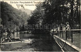 1911 Ponyászka, Poneasca (Bozovics, Bozovici); Tó részlet, csónakázók. Weisz Félix kiadása / Teichpartie / lake, rowing boats (EK)