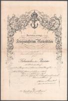 1918 Haditengerészeti kinvevezés Krasznay Béla tartalékos zászlósnak. Ottokar Schubert (1865-1975) ellentegernegy aláírásával, szárazpecséttel /  Commission, issued by the Navy Section of the Imperial and Royal War Ministry, to One-Year Volunteer Adalbert Krasznay (German version of Béla Krasznai), as a Reserve Ensign (Fähnrich), signed by Rear Admiral Ottokar Schubert (b .1865, in the service since July 1, 1883, promoted to rear admiral on May 5, 1916). 28x40 cm