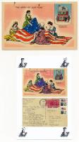 2 db képeslap: amerikai zászlót varró nők eredeti régi képeslap + modern reprint magyar változata / 2 postcards: 1 pre-1945 American flag + its Hungarian modern reprint