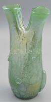 cca 1950 Francia irizáló zöldes üveg kétágú fatörzsváza. Jelzés nélkül, hibátlan, m: 28 cm