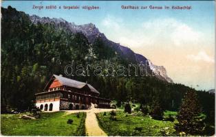 Tátra, Magas-Tátra, Vysoké Tatry; Zerge szálló a Tarpataki-völgyben. Cattarino S. utóda Földes Samu kiadása / Gasthaus zur Gemse im Kolbachtal / rest house, winter + &quot;POSTAKALAUZ POPRÁDFELKA-SZENTIVÁNYI-CSORBATÓ KÖZÖTT&quot;