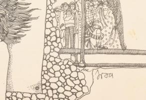 Irsa Katalin (-): Mesevilág (cím nélkül). Tus, papír, jelezve jobbra középen. Üvegezett fakeretben. ...