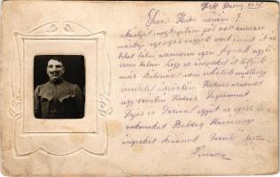 Pozsony, Pressburg, Bratislava; osztrák-magyar katona fotója. Dombornyomott szecessziós lap / K.u.k. military, soldier&#039;s photo on Art Nouveau, embossed postcard (fl)