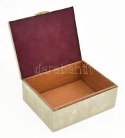 Antik fém doboz. Fém keret, fa betétekkel, tetején üveg alatt zsáner jelenet, fa béléssel, kopásokka...