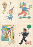 ÚJÉV - 30 db MODERN magyar retro grafikai üdvözlő képeslap vegyes minőségben. Képzőművészeti Alap / NEW YEAR - 30 modern Hungarian retro graphic greeting postcards in mixed quality