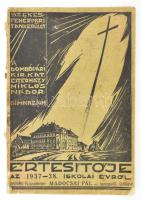 1938 A dombóvári kir. kat. Esterházy Miklós nádor gimnázium XXV. értesítője az 1937-38. iskolai évről. Dombóvár, Moosz Alajos-ny., 80 p. + 5 t. Kiadói papírkötés, sérült borítóval.