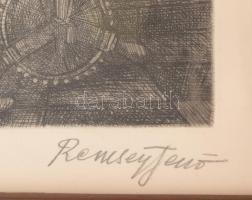 Remsey Jenő (1885-1970): Szövőnő. Rézkarc, papír, jelzett. Üvegezett fakeretben, 26,5×18 cm