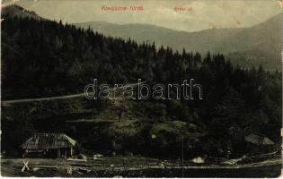 Kovászna-fürdő, Baile Covasna; erdei út, fűrésztelep, fatelep. Szabó nyomda kiadása / forest road, sawmill (Rb)