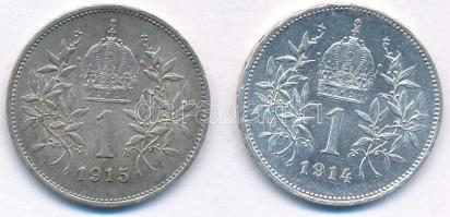 Ausztria 1914-1915. 1K Ag "Ferenc József" (2x) T:AU,XF patina Austria 1914-1915. 1 Corona ...