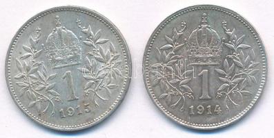 Ausztria 1914-1915. 1K Ag "Ferenc József" (2x) T:XF patina Austria 1914-1915. 1 Corona Ag ...