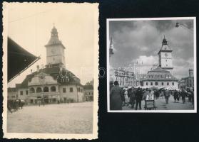 cca 1930-1940 Brassó (Kronstadt, Brasov, Erdély), 2 db fotó a vároházáról, egyiken fagylaltárus és vásár, másikon autóbusz és lovaskocsi 11×6,5 cm