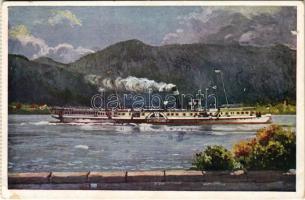 Orsova, I. Ferenc József termesgőzös, oldalkerekes gőzhajó. MFTR Művészlevelezőlap 6314-14. / "I. Ferenc József" Hungarian sidewheeler passenger steamer - képeslapfüzetből / from postcard booklet (ragasztónyom / glue marks)