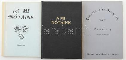 Bányászénekeskönyvek, 3 db:   A mi nótáink. Összeáll.: Sáfár László. A kottákat Pálmai Dezső készítette. Némethy Lajos rajzaival. Dunaújváros, 1976, Kohó- és Fémipari Főiskolai Kar. Kiadói papírkötés.  Mi nótáink. Miskolc, 1994. Kiadói egészvászon-kötés.  Erinnerung an Schemnitz. Sammlung üblicher academischer Lieder udn Rundgesänge. Az 1843-as selmecbányai (Schmenitz) J. Bernhard Spader kiadás reprint kiadása. Német nyelven. Kiadói papírkötés.