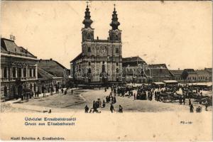 Erzsébetváros, Dumbraveni; Fő tér, Római katolikus templom, piac, üzletek. Kiadja Scholtes A./ church, market on the square (felületi sérülés / surface damage)