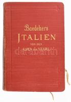 Karl Baedeker: Italien von den Alpen bis Neapel. Kurzes Reisehandbuch. Leipzig, 1908., Karl Baedeker. Német nyelven. Achte Auflage. Térképekkel, térképvázlatokkal gazdagon illusztrált. Kiadói aranyozott egészvászon-kötés, a borítón kopásnyomokkal, a gerincen kis sérüléssel.