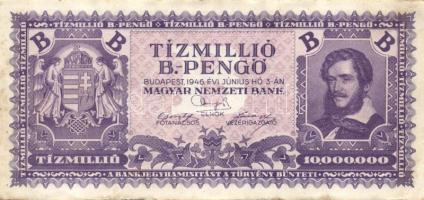 1946. 10.000.000B.-pengő T:II+ Alig látható hajtás, kis foltok, szélei hullámosak.