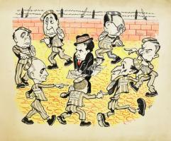 Szegő Gizi (1902-1985): Politikai karikatúra (szélső-)jobboldali, nyilas és kommunista politikusokról (Szálasi, Farkas Mihály, Bárdossy, Imrédy, Péter Gábor stb.), 1946 körül. Vegyes technika, kollázs, papír, jelzett. Lapszéli sérüléssel. 25x31 cm