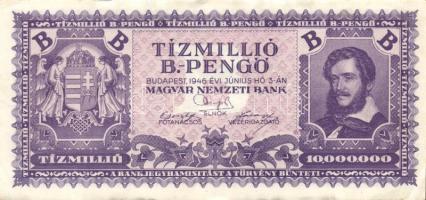 1946. 10.000.000B.-pengő T:II+ Alig látható hajlás, kis foltok, szélei hullámosak.