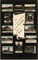 1906 Gyulafehérvár, Alba Iulia; mozaiklap, Székesegyház a várban, Deák Ferenc tér, Államiiskola, Séta téri kioszk, Gözmaol és villany telep, Fő tér és a vár oldal, Losenan-Monument i. d. Festung, Római katolikus gimnázium a várban, Novák Ferenc tér, Lorber Hungária étterme, Károly kapu. Weisz Bernát kiadása / multi-view postcard, cathedral, squares, castle, monument, gimnasium, restaurant interior, gate