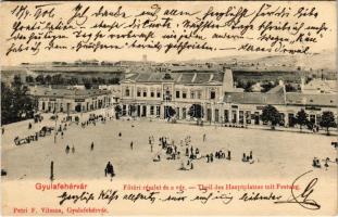 1906 Gyulafehérvár, Alba Iulia; Fő téri részlet a várral, Takarékpénztár, Adler és Werman, Fürst, Weiss Henrik üzlete, Hungária szálloda, piac . Petri F. kiadása / Theil des Hauptplatzes mit Festung / main square, castle side, hotel, savings bank, market, shop (fl)