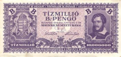 1946. 10.000.000B.-pengő T:II+ Alig látható hajlás, kis foltok, szélei hullámosak.