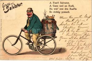 1900 Gruss vom Salvator / Német humoros sör reklám, részeg triciklis úr / German humorous beer advertisement, drunk man on tricycle. Ottmar Zieher litho