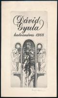 Deák Ferenc (1935-2013): Dávid Gyula hatvanéves, 1988. Rézkarc, papír, jelzett, 22x11 cm. (Dávid Gyula (1928- ) erdélyi magyar irodalomtörténész, szerkesztő, műfordító 60. születésnapja alkalmából készített grafika).