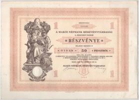 Makó 1929. "Makói Népbank Részvénytársaság" részvénye 50P-ről szelvényekkel, szárazpecsétt...