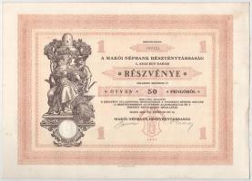 Makó 1929. "Makói Népbank Részvénytársaság" részvénye 50P-ről szelvényekkel, szárazpecsétt...