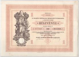 Makó 1929. "Makói Népbank Részvénytársaság" részvénye 50P-ről szelvényekkel, szárazpecsétt...