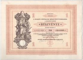 Makó 1929. "Makói Népbank Részvénytársaság" részvénye 50P-ről szelvényekkel, szárazpecsétt...