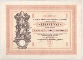 Makó 1929. "Makói Népbank Részvénytársaság" részvénye 50P-ről szelvényekkel, szárazpecsétt...