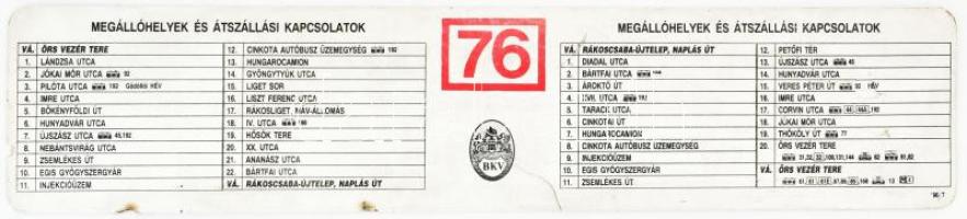Piros 76-os busz tábla (Örs vezér tere - R. Csaba Újtelep Naplás út), hátoldalán megállóhelyek és át...
