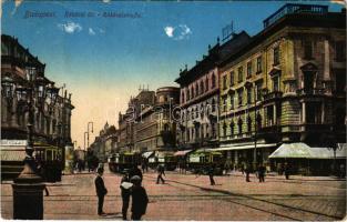 1917 Budapest VIII. Rákóczi út, villamosok, Hotel Orient szálloda, Emke kávéház (EK)