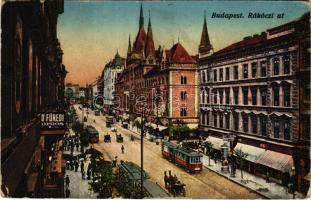 1916 Budapest VIII. Rákóczi út, Luther udvar, villamosok, Keleti pályaudvar a háttérben, Dr. Füredi orvos. Vasúti levelezőlapárusítás 1916. (EK)