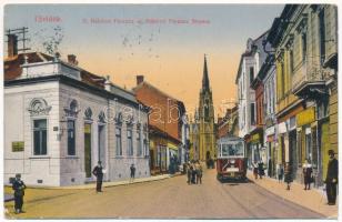 1916 Újvidék, Novi Sad; II. Rákóczi Ferenc út, villamos, Lenkey Imre asztalos üzlete. Herger Ágoston kiadása / street, tram, shops (ázott / wet damage)