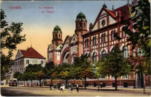 Újvidék, Novi Sad; Izraelita templom, zsinagóga, villamos / synagogue, tram