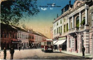 1916 Újvidék, Novi Sad; Duna utca, villamos, Raab Károly üzlete / Donau Gasse / street, tram, shop (EK)