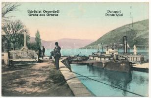 1913 Orsova, Kikötő a Dunán, kis gőzös a Keresztnél / Donau Quai / Danube port, steamship, Cross (EK)